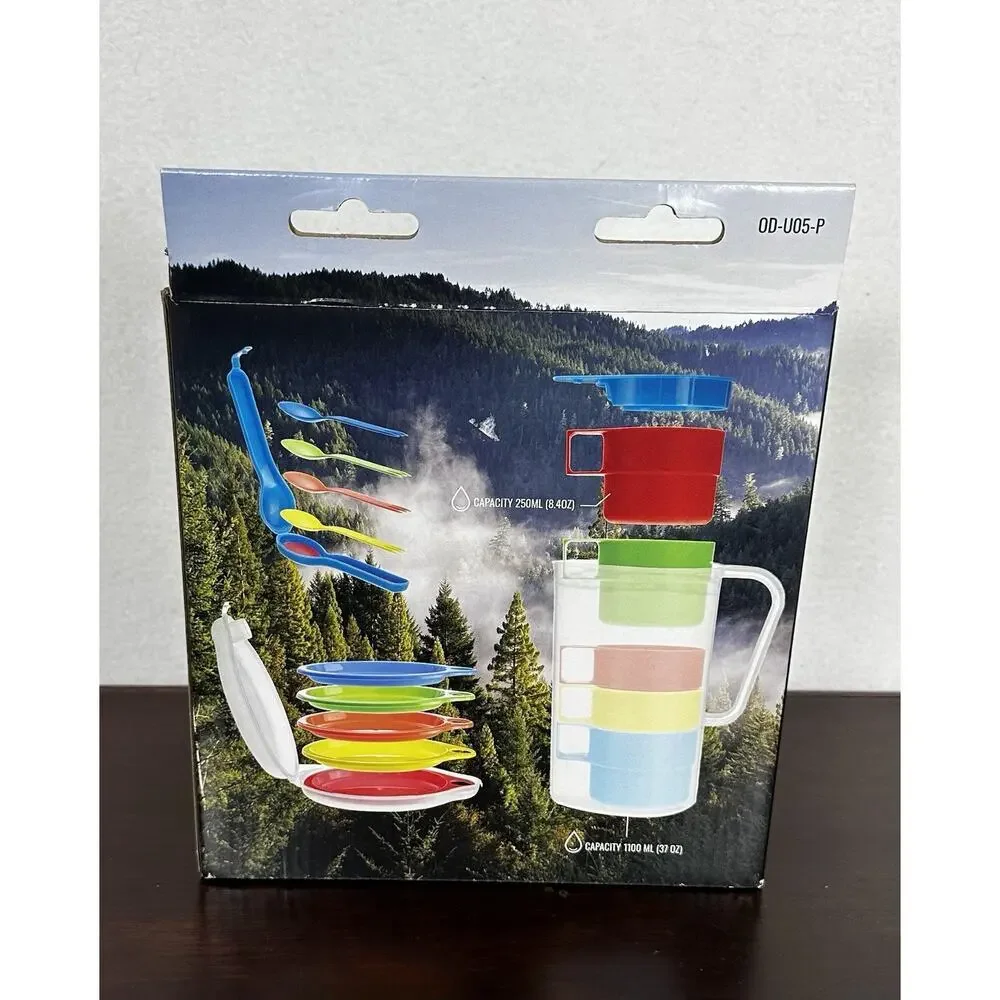 Camping 5 Person Outdoor Dining Set Plates Cups Forks Pitcher Reusable NIB
